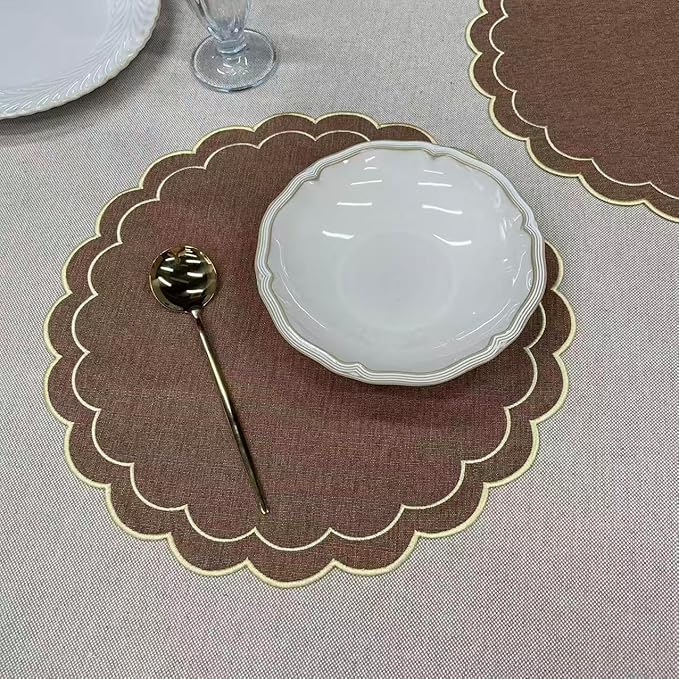 Linen Cotton Placemats Set of 4 Scalloped Flower Embroidery Place Mats 15'' Natural Linen Texture Fabric Machine Washable Table Mats for Restaurant Kitchen,Table Decor(Brown)