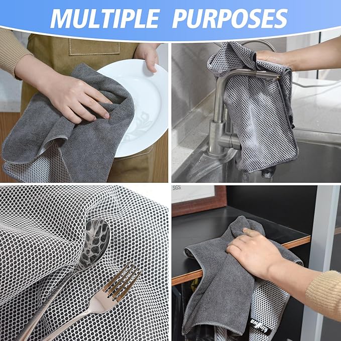 KinHwa Kitchen Washcloths for Dishes Absorbent Microfiber Dish Cloths Dish Towels for Kitchen Quick Dry Dish Rags with Poly Scour Scrub Side Ideal for Kitchen Cleaning (Gray, 15inchx25inch 6pack)