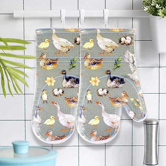 Oven Mitts Set of 2 with Transparent Clear Silicone Shell and Nice Duck Printing Cotton Lining, Heat Resistant to 500 F Kitchen Oven Gloves Pot Holder for Cooking (Wathet Blue, Oven Mitts)