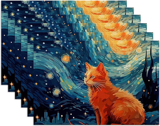 Starry Night Cat Placemats Set of 6,Washable Heat Resistant 12×18 Inch Linen Table Mats Cute Place Mats for Party Outdoor Dining Décor