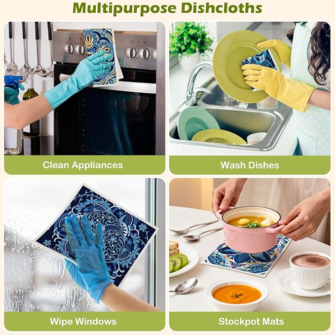 6 Packs Swedish Paper Cloths for Kitchen, Reusable Paper Towels Washable Dish Rags, Highly Absorbent Kitchen Towels Quick Drying Swedish Sponge Cleaning Dish Cloths(Blue Retro Floral)