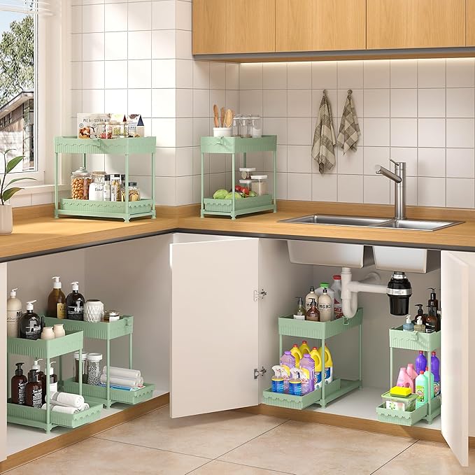 Sevenblue Under Sink Organizer, Bathroom Organizers and Storage, 2 Tier Multi-Use Pull Out Cabinet Organizer with Hang Hooks and Cups (Green, 4 Pack)