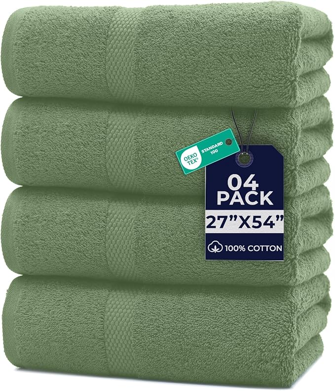DAN RIVER Bath Towels Set of 4, 27 x 54 Inches, 100% Cotton, Larger & Lighter Weight, Quicker to Dry, Super Soft and Absorbent, Ideal Large Bath Towel for Daily Use, Sage Green
