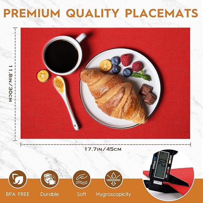 Placemats Set of 6 Linen Type Fabric Cloth Placemats, 18x12 Inch Double Layered Thick Wrinkle Free Heat Resistant Table Place, for Dining, Kitchen, Party (45 * 30cm, Red)