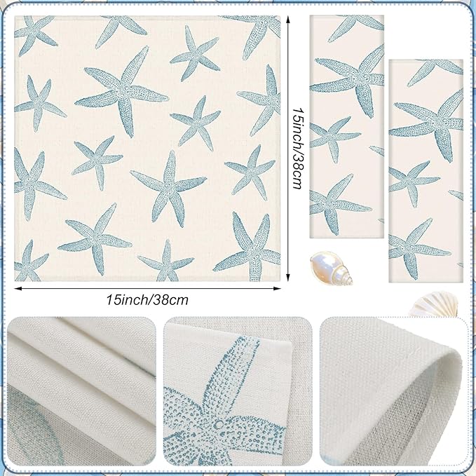 Funnymoom 12 Pcs Blue Starfish Cloth Napkins Coastal Nautical Beach Reusable Napkins Coastal Party Dinner Soft Absorbent for Kitchen Ocean Sea Decorations Summer Holiday Party