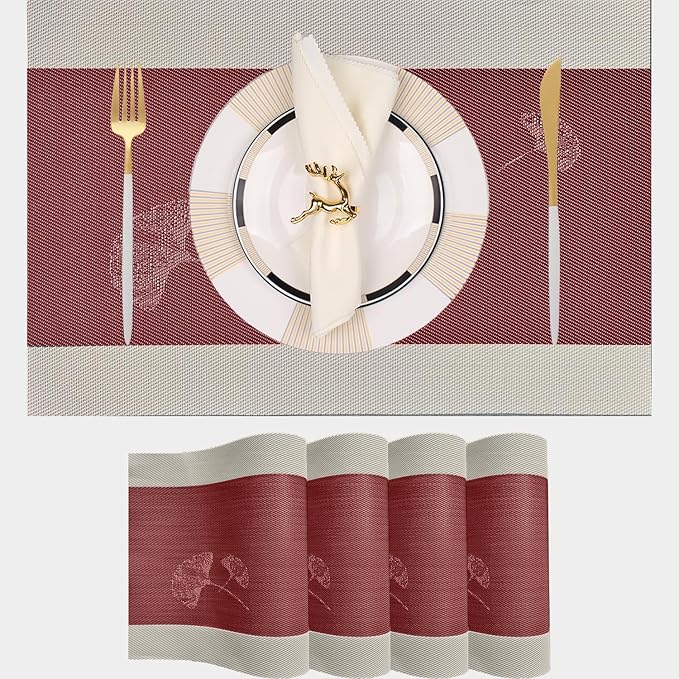PIGCHCY Ginkgo Placemats Set of 4, Non-Slip Placemats Easy to Wipe Clean Kitchen Durable Table Mats for Home/Dining Room Decoration (Red,18 X 12 inches)