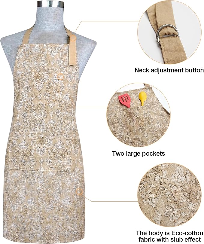 Oven Mitts and Pot Holders with Cooking Apron Set of 5, Heat Resistant Kitchen Gloves and Silicone Non-Slip Potholders, Adjustable Neck Buckle Chef Apron, Cotton Nice Design for Cooking (Tawny)