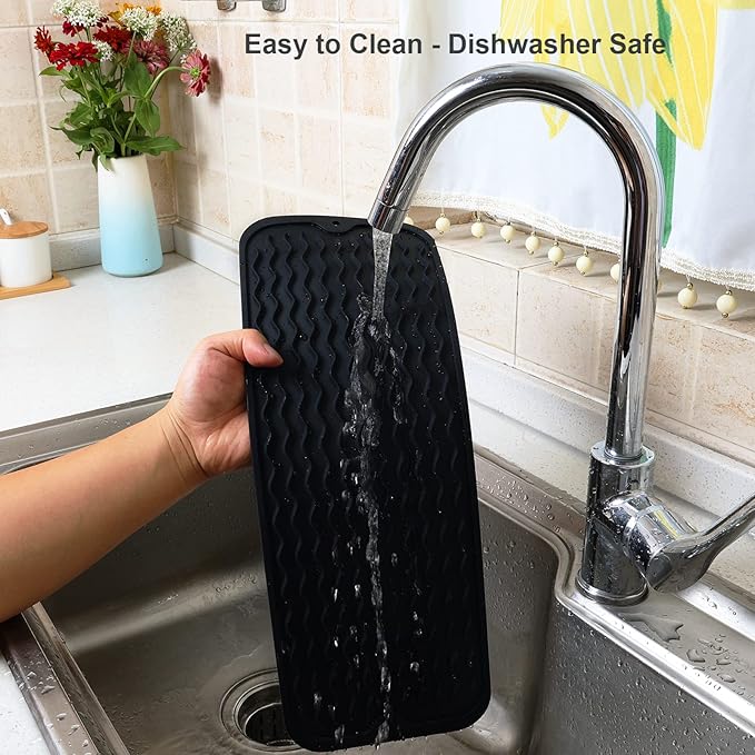 ZLR 2 Pcs Silicone Sponge Holder & Sink Caddy Tray (6" x 17") - Narrow Dish Drying Mat for Kitchen Counter - Waterproof Soap Dispenser Organizer, Non-Slip Bathroom Vanity Tray (Black)