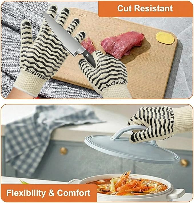 Oven Gloves 932°F Heat Resistant Oven Mitts with Fingers, Heat Proof BBQ Grill Gloves Silicone Grip Fireproof Gloves for Kitchen Cooking Grilling Baking
