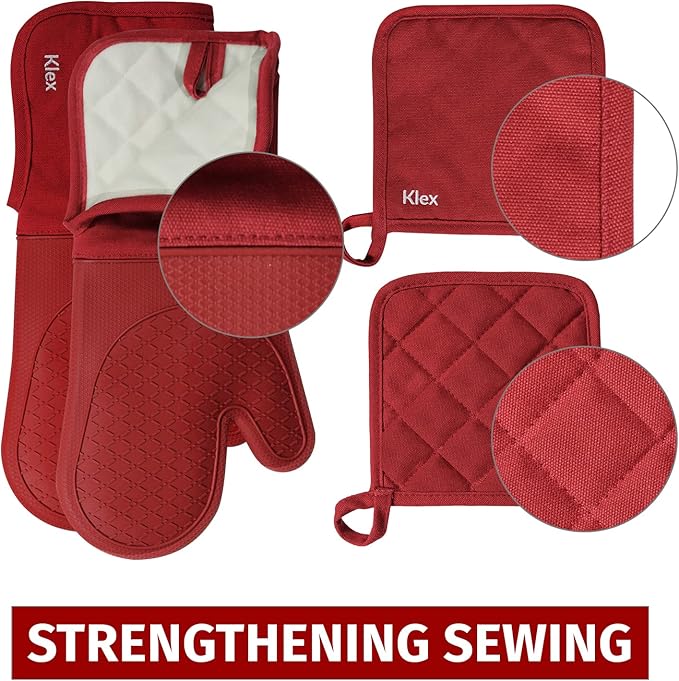 Klex Extra Long Silicone Oven Mitts and Pot Holders, 932°F Degrees Heat Resistance with Quilted Liner Oven Gloves and Hot Pads, 4 Piece Set, 15 inch, Red