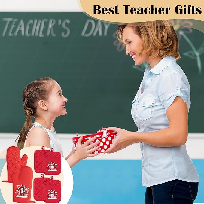 GROBRO7 6Pcs Cotton Oven Mitts Pot Holders Teacher Appreciation Week Gift for Women Men Teacher Make a Difference Pocket Potholder Baking Gloves Thank You Teachers Gifts for Back to School Graduation