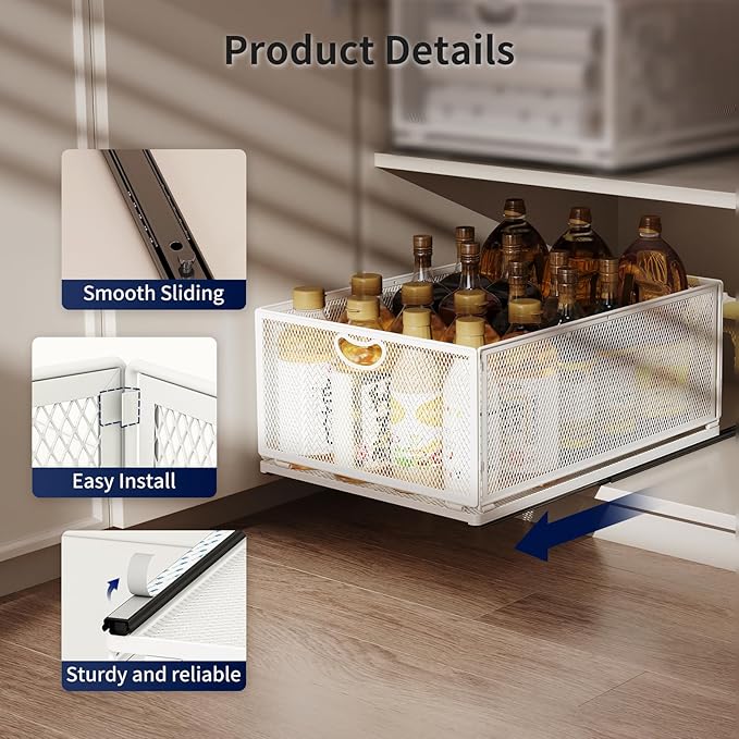 2 Pack Pull Out Cabinet Organizer, No Drill Adhesive Sliding Drawers for Kitchen, Metal Mesh Wire Storage Shelf for Pantry & Under Sink, White (9.6" W x 11.8" D x 3.9" H)
