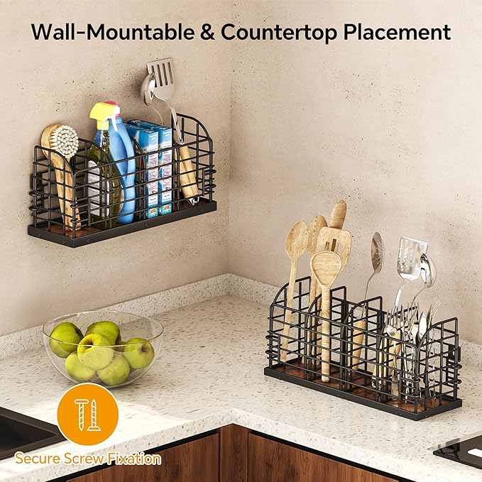 Large Utensil Holder for Kitchen Counter, Wall Mounted Cooking Utensil Holder with 4 Adjustable Compartments, Countertop Caddy, Kitchen Organizer for Countertop, Pantry, Party, Rustic Black and Brown