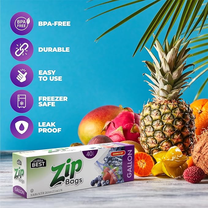 1 Gallon Storage Zip Bags – 40 Count | Extra Large, Resealable, Leak-Proof & Freezer Safe Food Storage Bags with Double Zip Lock | Durable, BPA-Free, Multi-Purpose – DURRA BEST