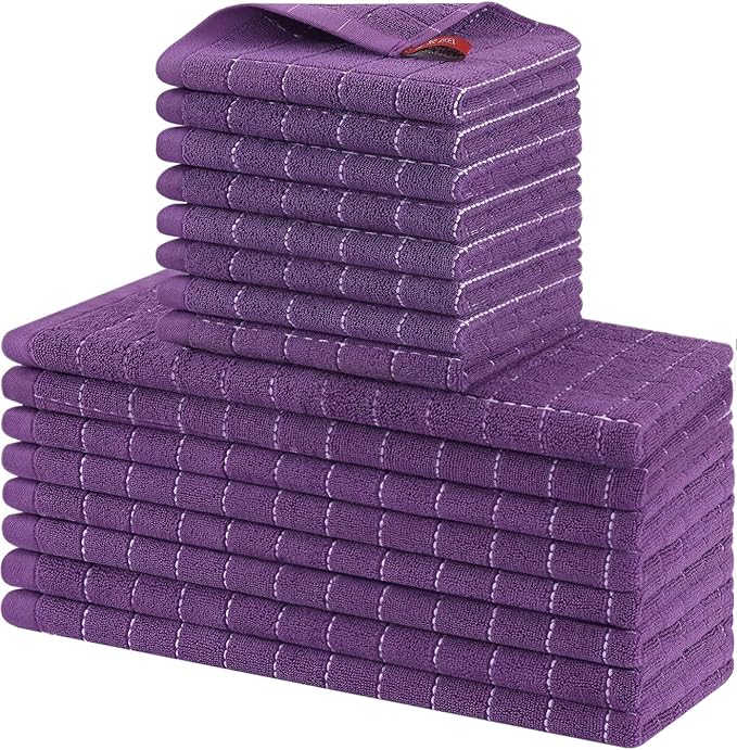 Homaxy Kitchen Towels and Dishcloths Set, 12 x 12 and 13 x 28 Inches, Set of 16 Bulk Cotton Terry Kitchen Towels Set, Checkered Designed, Soft and Super Absorbent Dish Cloths, Purple