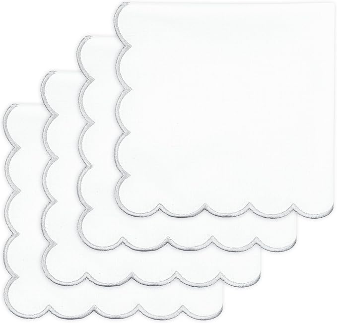 PurpleEssences Scalloped Embroidery Cloth Napkins - Spring Easter Summer - Table Decor - 100% Cotton - Set of 4-18x18 inch - White - Edges - Silver