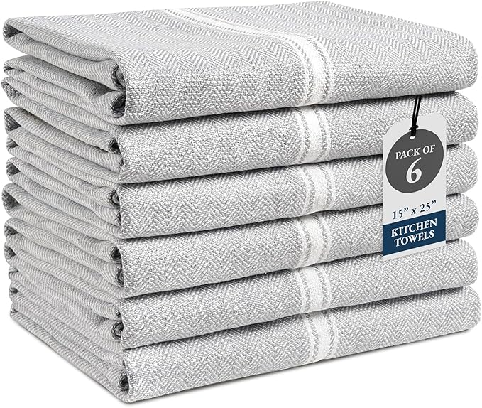 LANE LINEN 100% Cotton Kitchen Towels Set - 6 Pack Kitchen Dish Towels, Soft & Durable Size 14"x25", Good for Polishing Silverware, Cleaning Ceramic Countertops, Machine Washable - Grey Chambray