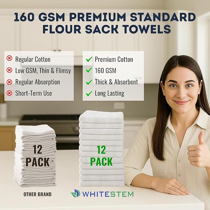 Flour Sack Towels | Tea Towel for Crafts | Kitchen | Dish | Cotton Blank Towel for Embroidery | Baking Bread Proofing Linen Cover | Thick Absorbent Quick Dry | 12 Pack 28"x28" White