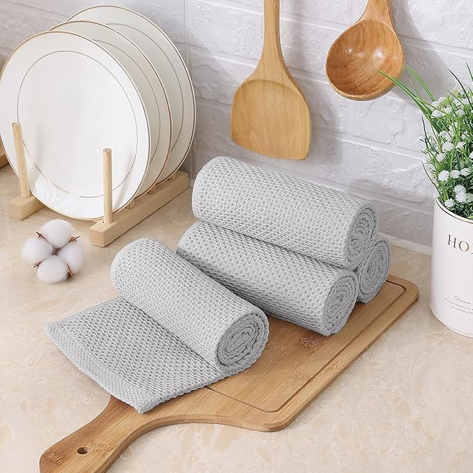 Kitinjoy 100% Cotton Kitchen Towels and Dishcloths Set, 10 Pack-13" x 28" and 12" x 12" Waffle Weave Dish Towels, Ultra Soft Absorbent Quick Drying Dish Rags, Light Grey