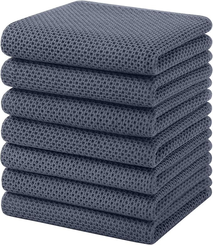 Homaxy 100% Cotton Waffle Weave Kitchen Towels, 7-Pack Ultra Soft Absorbent Dish Towels, Quick Drying Cleaning Towels, 13 x 28 Inches, Dark Grey