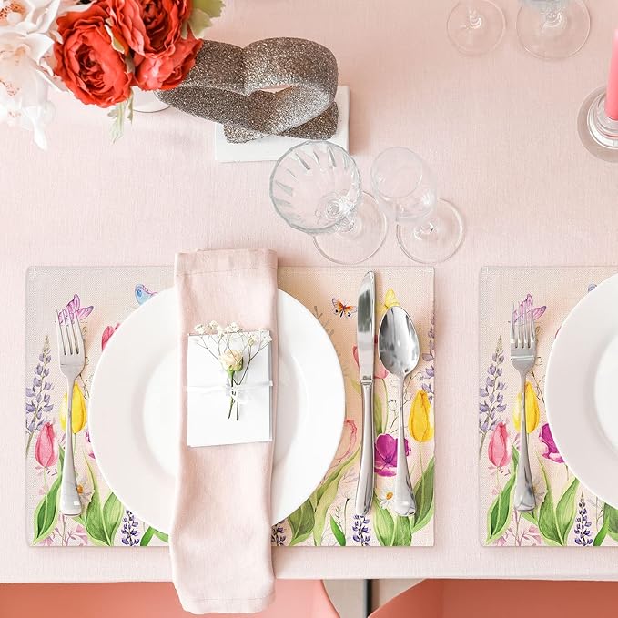 Whaline Set of 6 Spring Tulip Placemat Floral Butterfly Linen Place Mats Summer Waterproof Kitchen Table Mats for Seasonal Indoor Outdoor Home Party Dining Table Decoration, 17.9 x 12.2 Inch