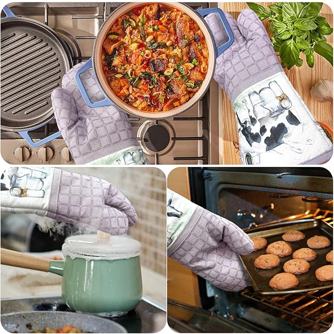 Silicone Printing Oven Mitts Heat Resistant to 500 Degree,Yarm-Dyed Oven Gloves with Animal Design Non-Slip for Kitchen Cooking Barbecue Baking and Machine Washable. (Purple Oven Mitts)