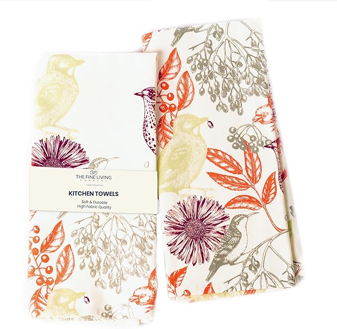 The Fine Living Co. 100% Cotton Kitchen Towels Set of 2, 18 x 28 inches, Hello Bird Printed Dish Towel, Hand Towels, Summet Kitchen Towels, Boho Tea Towels- Multifunctional, Stylish, Absorbent, Soft