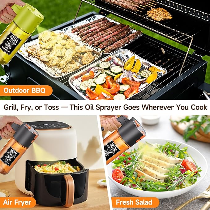 Oil Dispenser and Sprayer Set 16oz/500ml Olive Oil Dispenser for Cooking, 2 in 1 Spray and Pour Oil Bottle for Kitchen Air Fryer Salad Grilling, UV Resistant Glass（Black+Green）