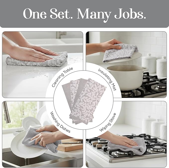 MosJos Kitchen Towels, Cotton Hand Towels, Grey and White Vine Ribbed Hand Drying Cloth Set of 4 Absorbent Hand Towels, 18 x 28 Kitchen Linens