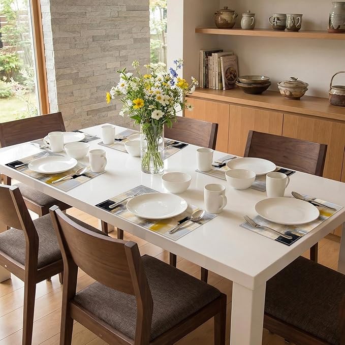 Emvency Farmhouse Placemats Set of 6, Modern Neutral Mustard Minimalist 12x18 Inch Linen Rectangular Place Abstract Beige Table Mats for Indoors & Outdoor Home Party Kitchen Dining Decoration