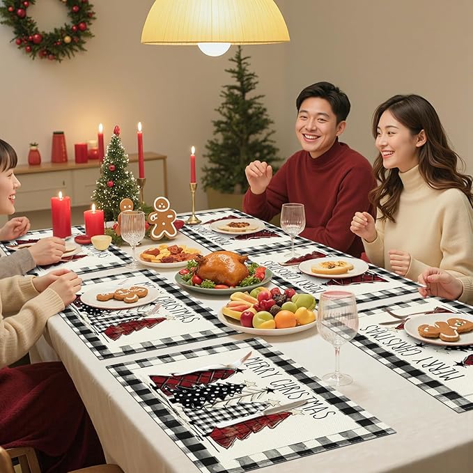 Bloss Christmas Placemats Set of 4,Buffalo Plaid Merry Christmas Trees Table Placemats,12x18 Inch Seasonal Winter Xmas Holiday Kitchen Dining Tables Mats Set of 4 for Indoor/Outdoor Home Party Decor
