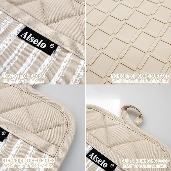 Alselo Silicone Pot Holders Set of 3 Heat Resistant & Non Slip Potholders, Professional Oven Hot Pads with Pockets Mitts for Kitchen Cooking Baking Barbecue (Khaki, 3)