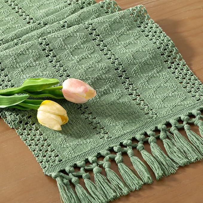 Socomi Sage Green Boho Table Runner Macrame Long Easter Spring Farmhouse Woven Cotton Linen Rustic Coffee Table Runner with Tassels for Dresser Scarf Home Decor Dining Room 12x108 inch