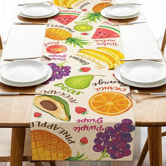 Watercolor Fruit Table Runner, Watermelon Pineapple Banana Orange Kitchen Dining Table Decoration, Spring Summer Grapes Kiwi Avocado Burlap Indoor Outdoor Home Decor Party Supply 13 x 48 Inches