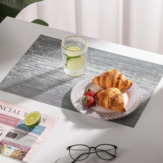LEXMORE Placemats Vinyl/Plastic Woven Place Mats for Kitchen Table Indoor/Outdoor Washable Placemat Wipeable Dining Table Mats Set of 8(Ombre Gray)