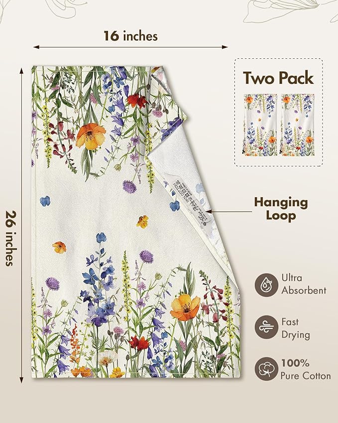 Miss Adola Flour Sack Kitchen Towels - Set of 2 Cotton Dish Towels with Hanging Loop Decorative 18x26 Inch Absorbent Cute Design for Housewarming Gifts, Floral Leaf