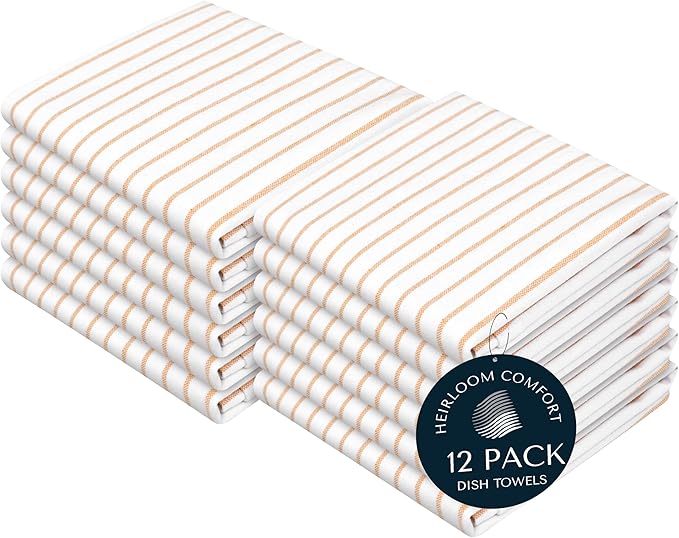 Mustard Yellow Striped Dish Towels 12 Pack, Ultra Absorbent, Classic Stripe Towel Set, Quick Dry Cotton Kitchen Towels for Cleaning Counters, Drying Dishes, Everyday Cleanup