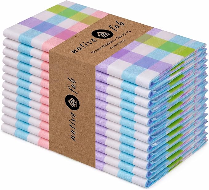 Native Fab Easter Check Dinner Napkins Set of 12, 18x18 Inches, 100% Cotton, Colorful & Absorbent Fabric for Parties, Weddings, Holidays, Reusable Washable Cloth Napkin for Everyday Use - Multi Color