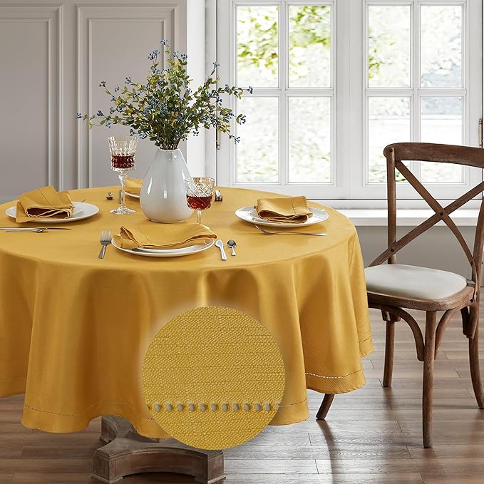 Elrene Home Fashions Alison Eyelet Border Design Wrinkle Resistant Fabric Tablecloth, 70"x70" Round, Golden Yellow