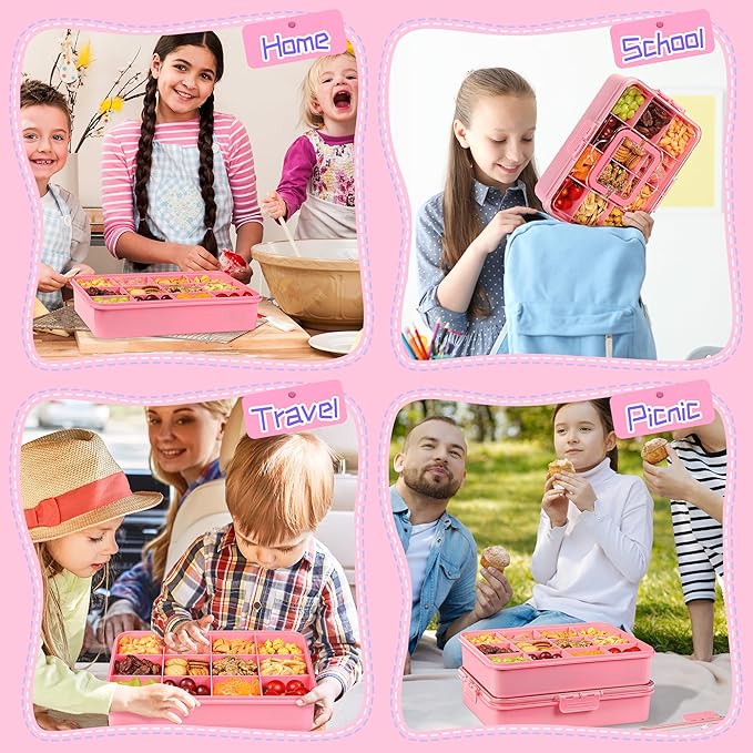 Xyptorix Snack Box Container for Kids - Adjustable 12-Compartment Snack Containers, Reusable Bento Box, Dishwasher Safe, BPA-Free, Perfect for School, Travel, Camping & Picnic, Pink, Large