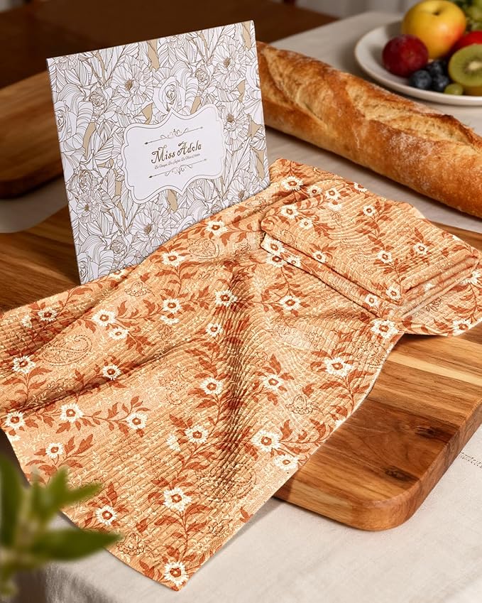 Miss Adola Cotton Waffle Kitchen Towels – Cute 370 GSM 16x25 Inch Terry Cloth Waffle Decorative Dishcloth for Kitchen Set of 2 with Hanging Loop Absorbent Hand Tea Towel for Home Design, Rustic Flower