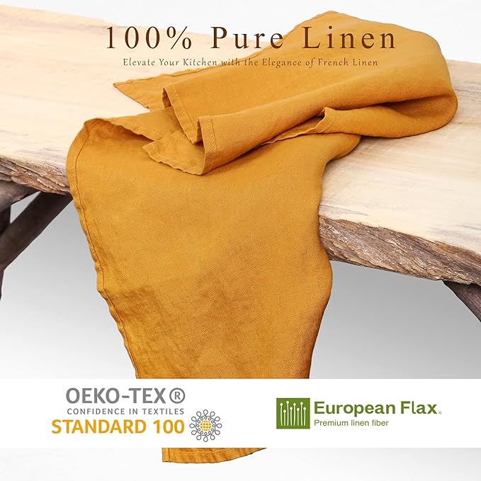 100% Linen Tea Towels - 14 x 28 Inch Pure French Linen Kitchen Dish and Hand Towels (Set of 4) (Yellow)