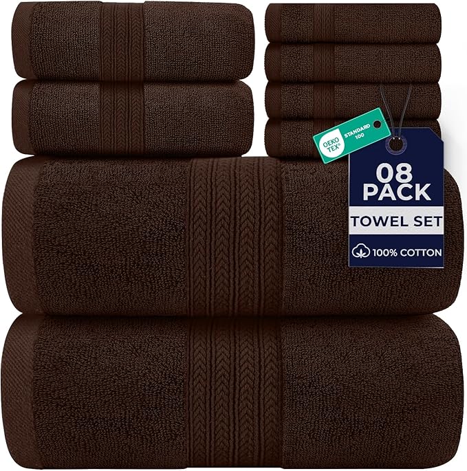 DAN RIVER 8 PC Luxury Bath Towels for Bathroom, 2 Bath, 2 Hand, and 4 Wash Cloths, 600 GSM 100% Ring Spun Cotton Towel Set, Highly Absorbent, Gym, Hotel, and Spa, Brown