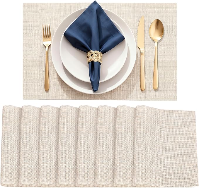 Durable Vinyl Placemats Set of 8, Non-Slip for Dining Table Mat, Heat Resistant Place Mats, Washable Anti-Slip PVC Easy to Clean Wipeable Premium Plastic Mats for Kitchen Beige