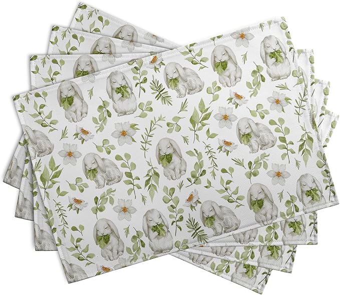 Easter Bunny Rabbits Placemats Set of 4 Easter Spring Green Leaves Flroal Dining Table Placemats 12x18 Inch Heat Resistant Washable Table Mats for Kitchen Dining Holiday Indoor