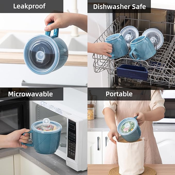 Ceramic Soup Bowl with Lid & Handle: 32 oz Microwave Safe Food Container for Ramen Noodles Cereal Leftovers - Extra Large Mugs for Breakfast Lunch Picnic Camping - Sky Blue, Set of 2