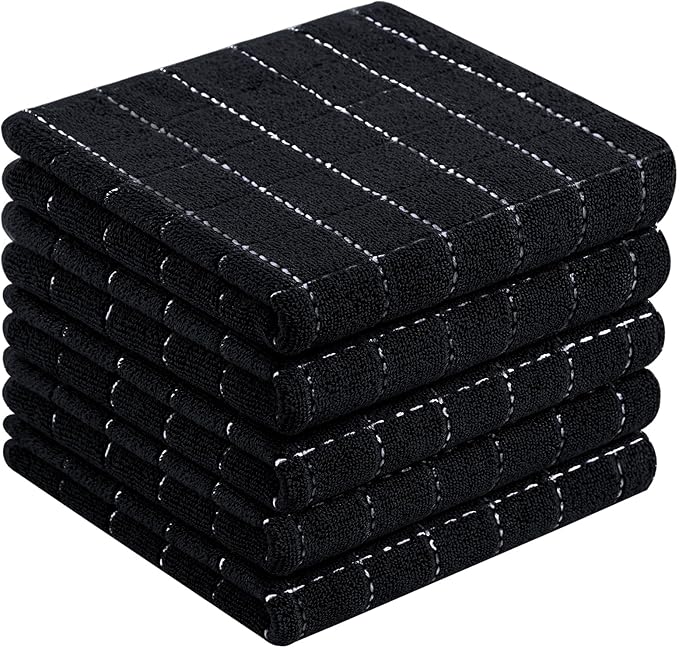 Homaxy 100% Cotton Terry Kitchen Towels(Black, 13 x 28 inches), Checkered Designed, Soft and Super Absorbent Dish Towels, 5 Pack
