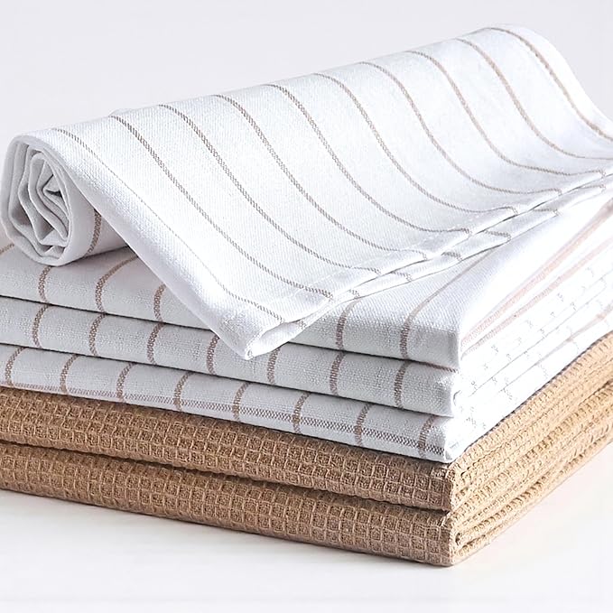 Cotton Dish Towels For Kitchen Drying - Highly Absorbent Wide Beige Striped Plaid Tea Towels - 18"X28" Set Of 6 Farmhouse Linen Dishtowels In Bulk - Pano De Prato Para Cozinha - T Towles Towls