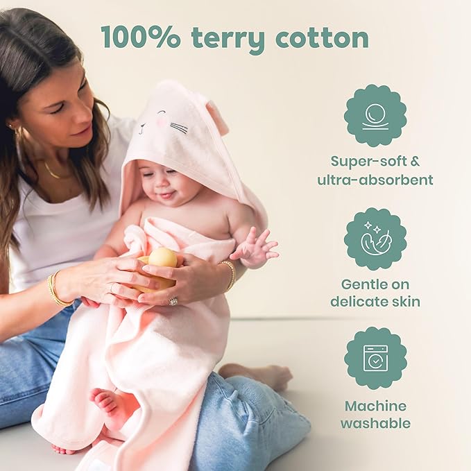 CuddleBug Premium Hooded Baby Bath Towel & Washcloth Set (Bear) - 100% Cotton Terrycloth Hooded Baby Towels for Newborn & Toddler - Super-Soft & Absorbent, Newborn Essentials (33" x 33") - Blush Pink