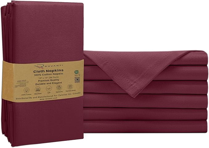 Ruvanti Cloth Napkins Set of 6, 100% Cotton High GSM 18x18 Inches Soft, Washable, Highly Durable & Absorbent, Perfect for Parties, Christmas, Thanksgiving Dinners – Burgundy